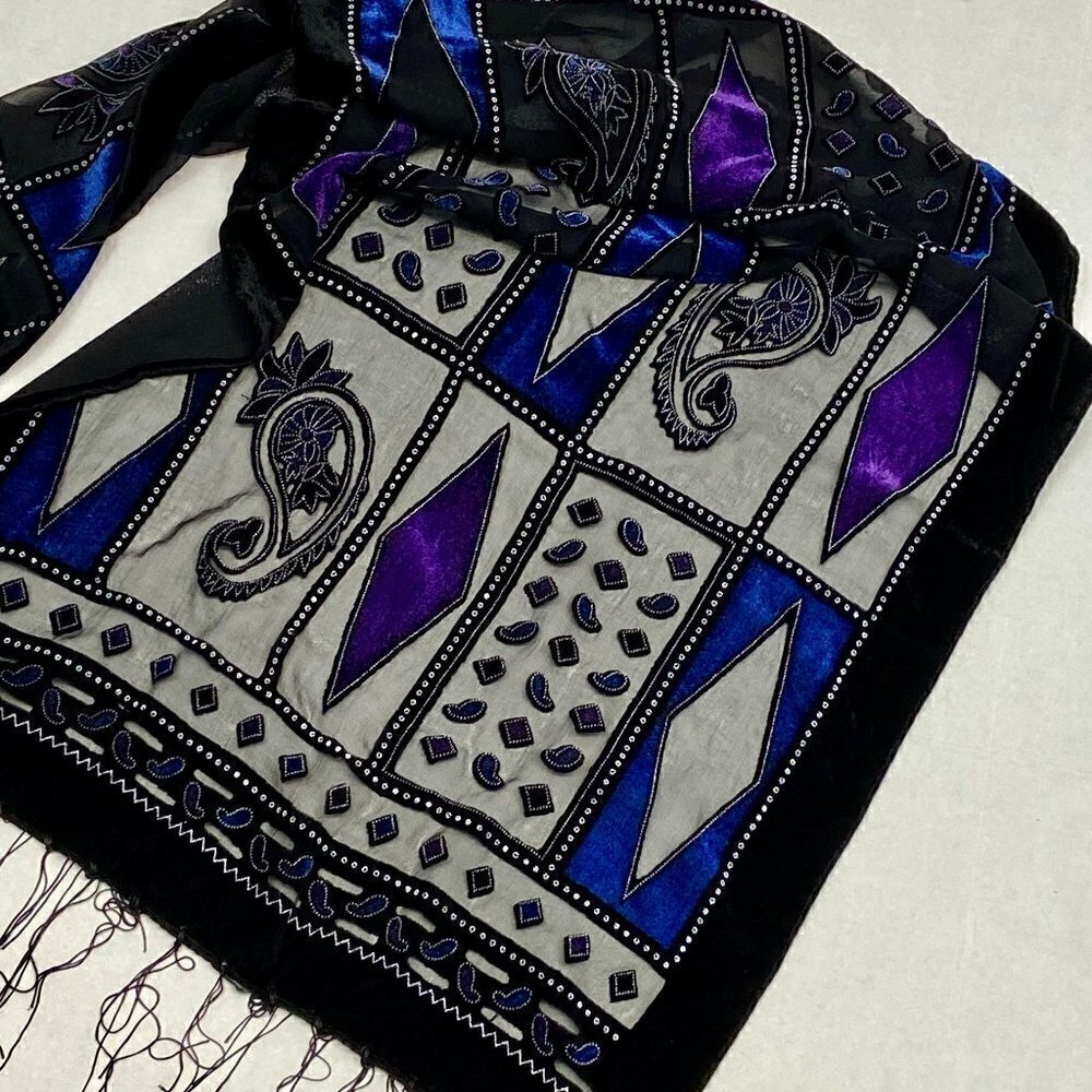 Whimsigoth Vintage 70s Silk and Viscose Black Multi-Color Scarf with Fringe